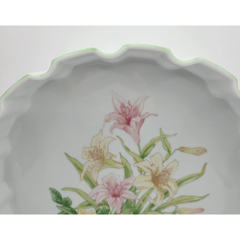 Vintage Shafford Jade Lily Quiche Tart Dish Plate Porcelain Lilies Green Rim - Picture 2 of 10